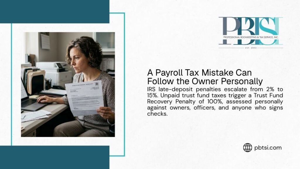 PBTSI graphic on how a payroll tax mistake follows the owner personally, with IRS late-deposit penalties of 2–15% and a 100% Trust Fund Recovery Penalty, beside a worried woman holding a mug.