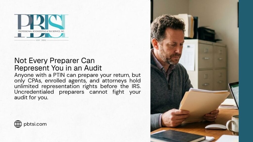 PBTSI graphic on IRS audit representation, noting only CPAs, enrolled agents and attorneys hold unlimited representation rights, beside a man reviewing tax documents in a file-lined office.