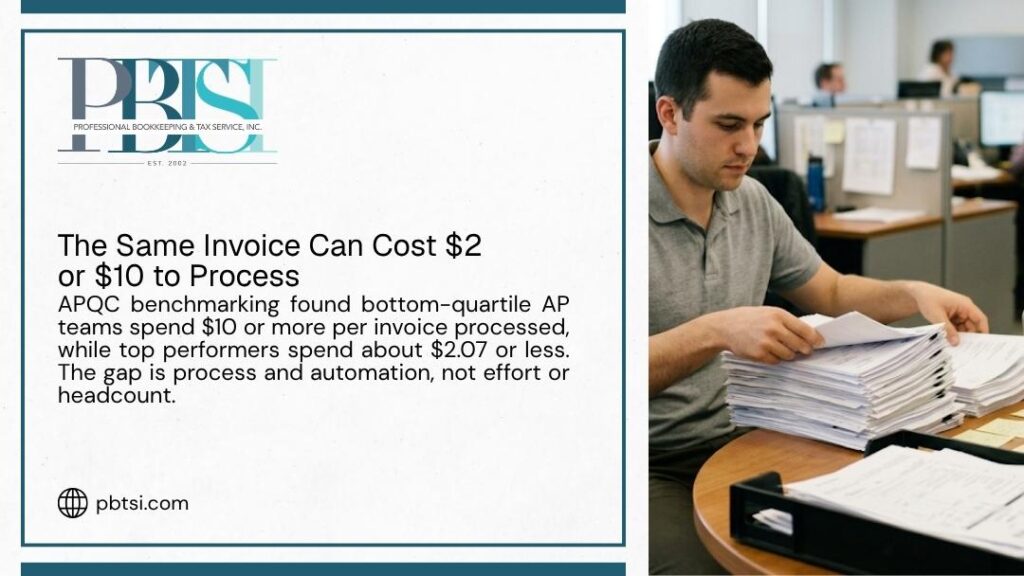 PBTSI graphic on invoice processing cost, showing top AP teams spend about $2.07 per invoice while bottom performers spend $10 or more, beside a clerk sorting a tall stack of paperwork.