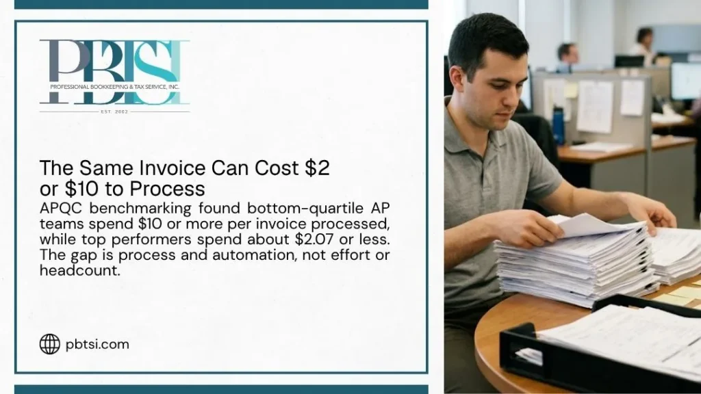 PBTSI graphic comparing $2 and $10 invoice processing costs beside a man sorting stacks of paperwork