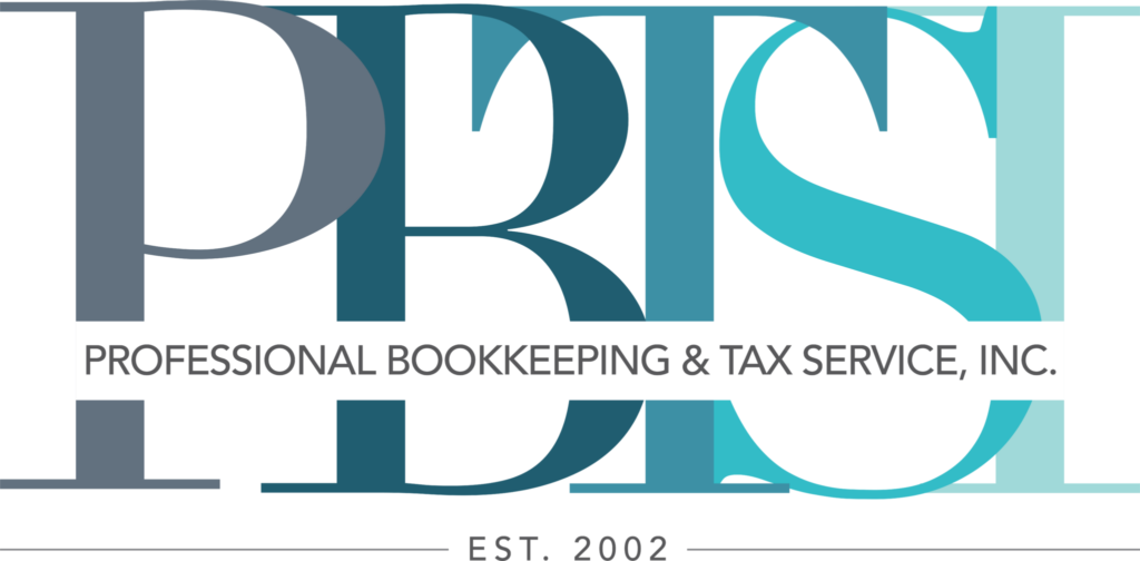 PBTSI header logo in layered teal and slate serif letters with Professional Bookkeeping and Tax Service text